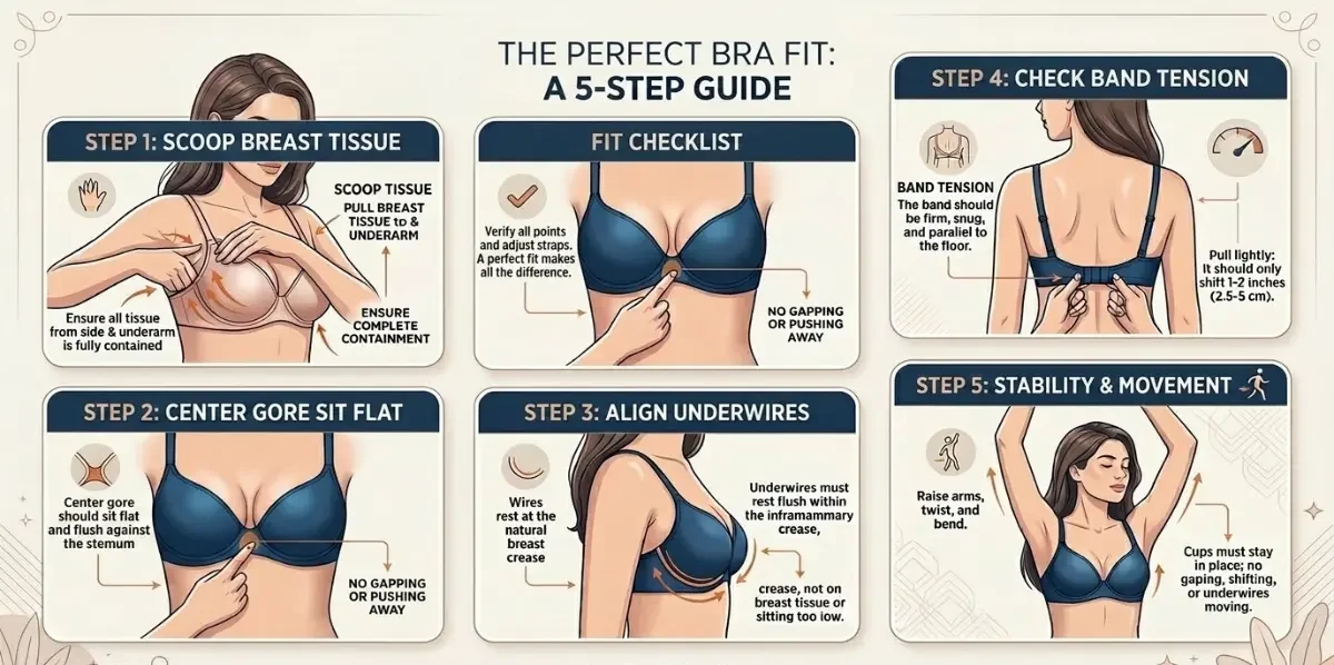 5-step bra fit test infographic for 40B and 40C — scoop and swoop, gore check, underwire placement, band tension test, and movement test