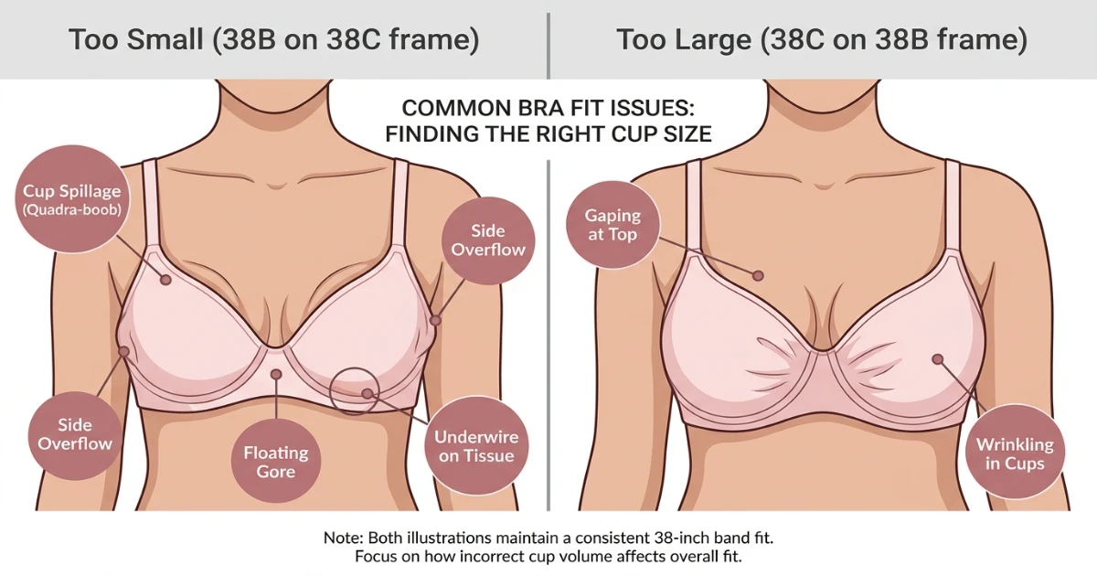 Illustration showing 38B cup overflow when worn by a 38C measurement versus 38C cup gaping on a 38B frame