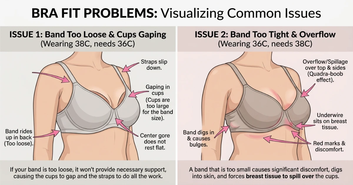 Illustration showing fit problems: a 36C wearer in a 38C experiencing gaping cups and a loose riding band, versus a 38C wearer in a 36C experiencing cup overflow and a tight band