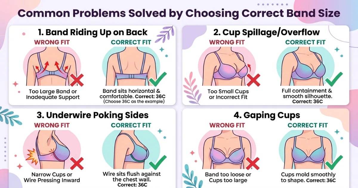 Illustration of common bra fit problems including band riding up, cup spillage, and underwire poking