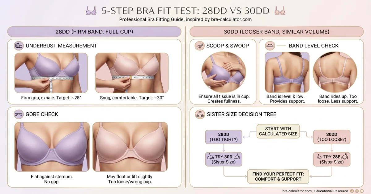 Bra fit test infographic for 28DD and 30DD showing band check, scoop and swoop, gore check, and sister size logic