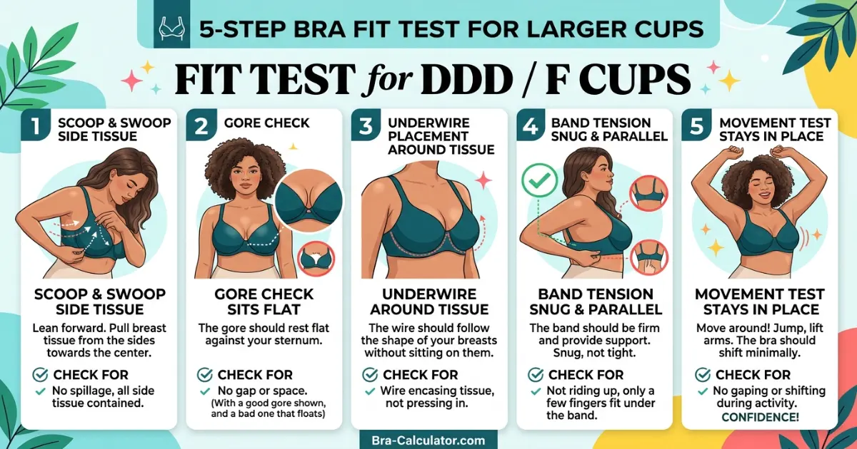 5-step bra fit test infographic for 28DDD and 28F cup sizes — scoop and swoop with side fullness, gore check, underwire narrowness check for 28 band, band tension at narrow band, and movement test