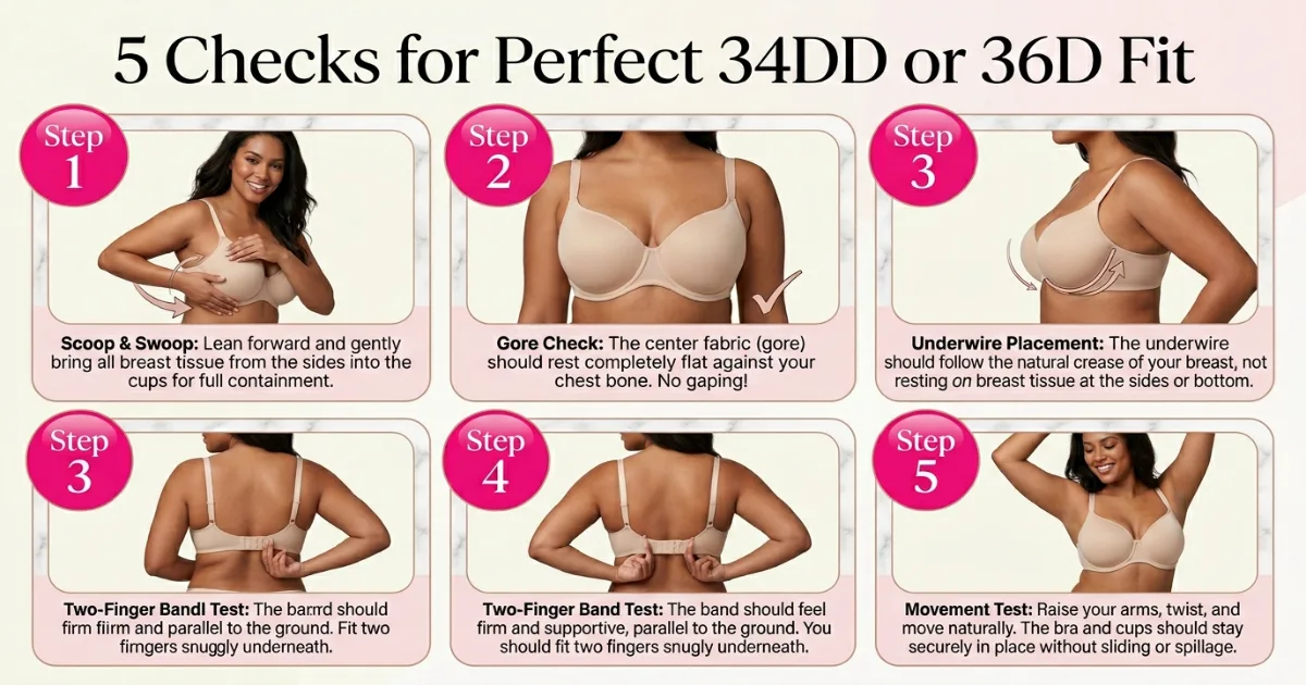 Five-step bra fit test infographic for D and DD cup sizes — scoop and swoop, gore check, underwire placement, band tension, movement test