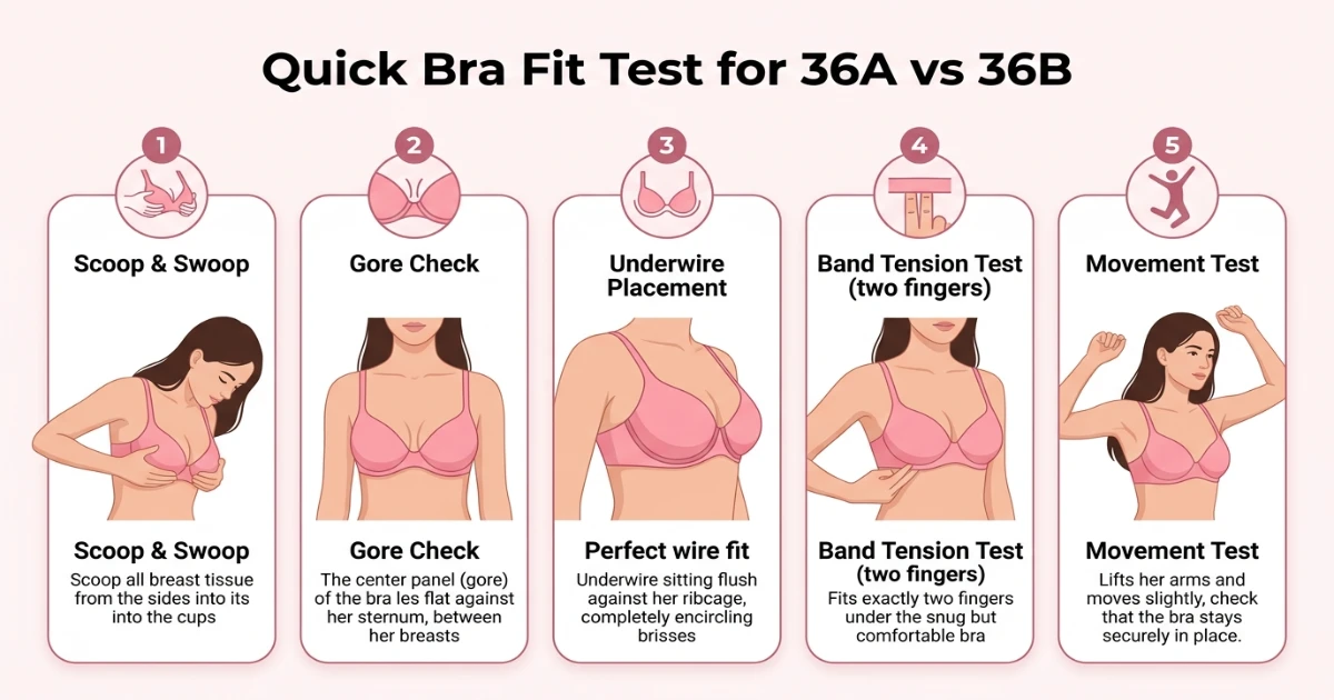 Five-step bra fit test infographic for 36A and 36B cup sizes showing how to check cup fit on the same 36 band