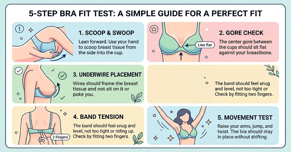 Bra fit test infographic for DDD and DD cup sizes showing five steps: scoop and swoop, gore check, underwire width placement, band tension test and movement test