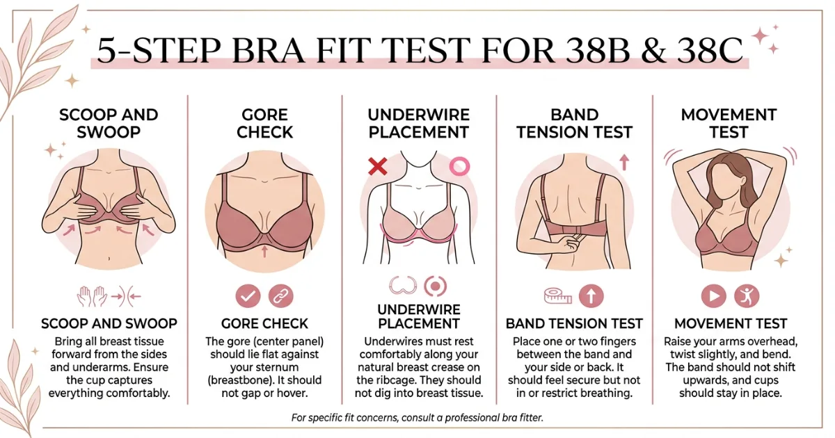 5-step bra fit test infographic for 38B and 38C — scoop and swoop, gore check, underwire placement, band tension, movement test