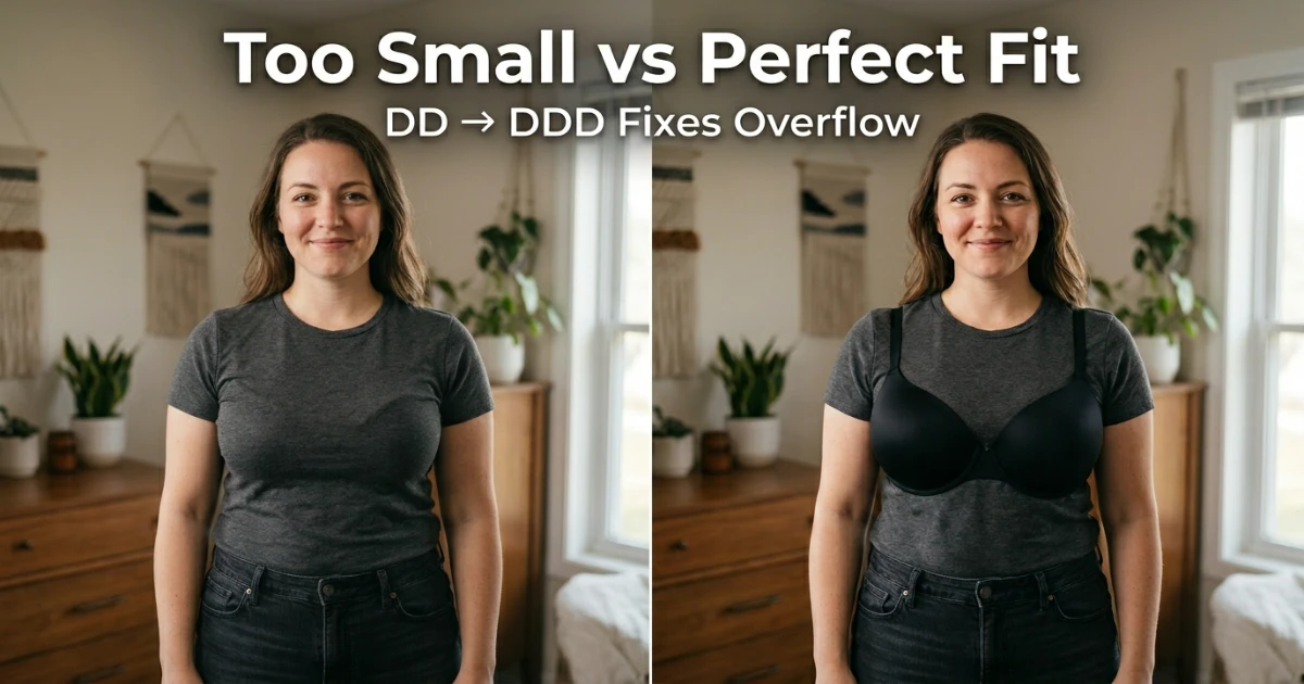 Fit illustration comparing a correctly fitting 38DD with full cup coverage versus a correctly fitting 38DDD with deeper cup projection on the same 38-inch band