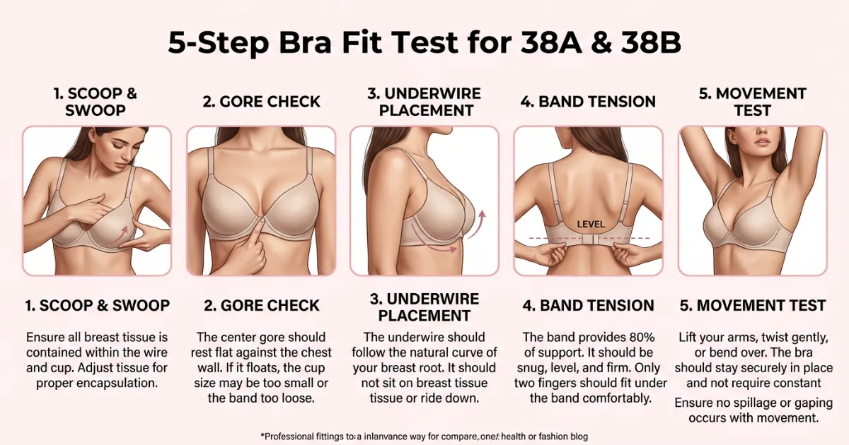 Five-step bra fit test infographic for 38A and 38B — scoop and swoop, gore check, underwire placement, band tension, movement test
