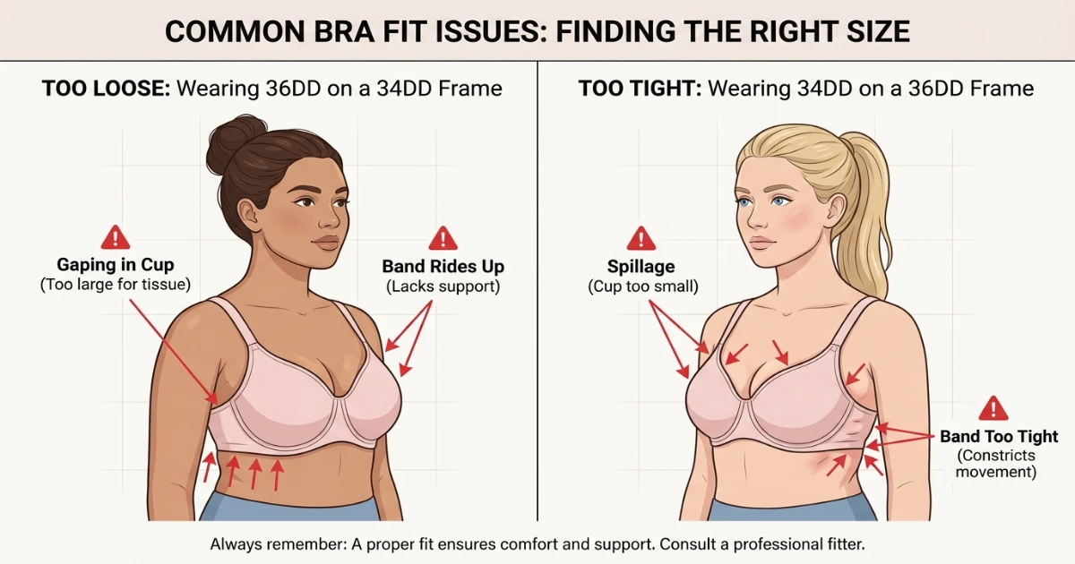 Illustration showing fit issues: a 34DD wearer in a 36DD with gaping cups and loose band versus a 36DD wearer in a 34DD with cup overflow and tight band