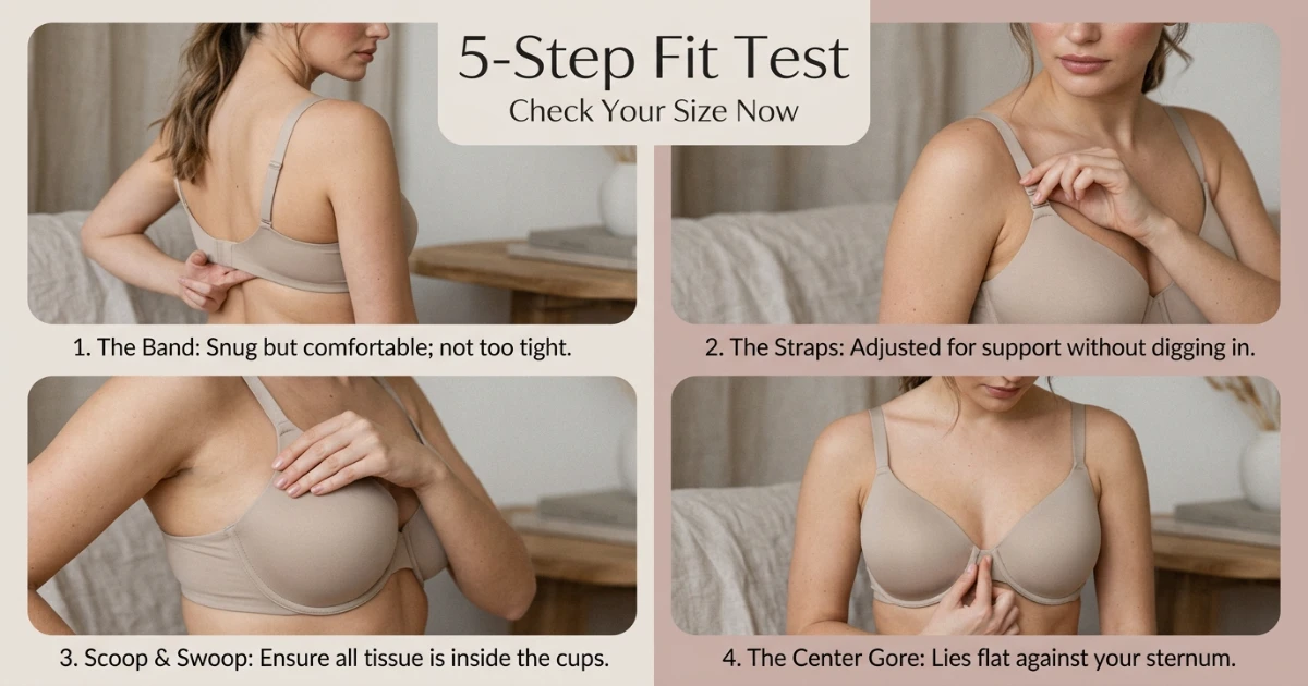 5-step bra fit test infographic for 38DD and 38DDD — scoop and swoop with side fullness, gore check, underwire cup arc height, band tension at fuller cup volume, and movement test
