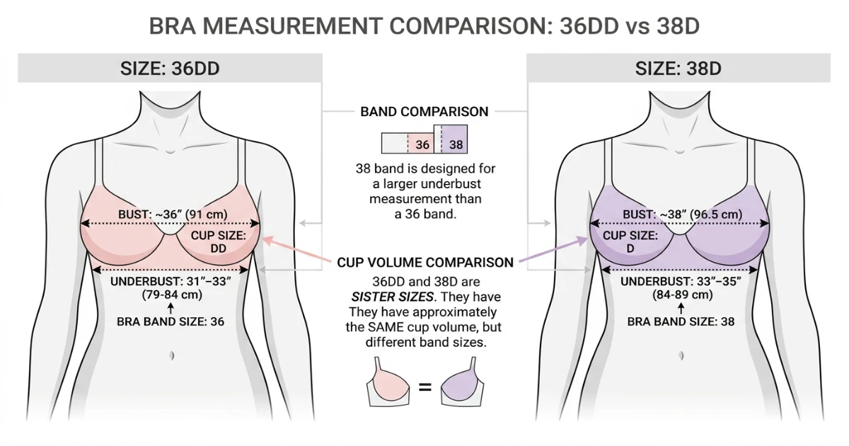 Side-by-side measurement comparison diagram for 36DD and 38D bra sizes showing underbust and bust measurements in inches and centimetres