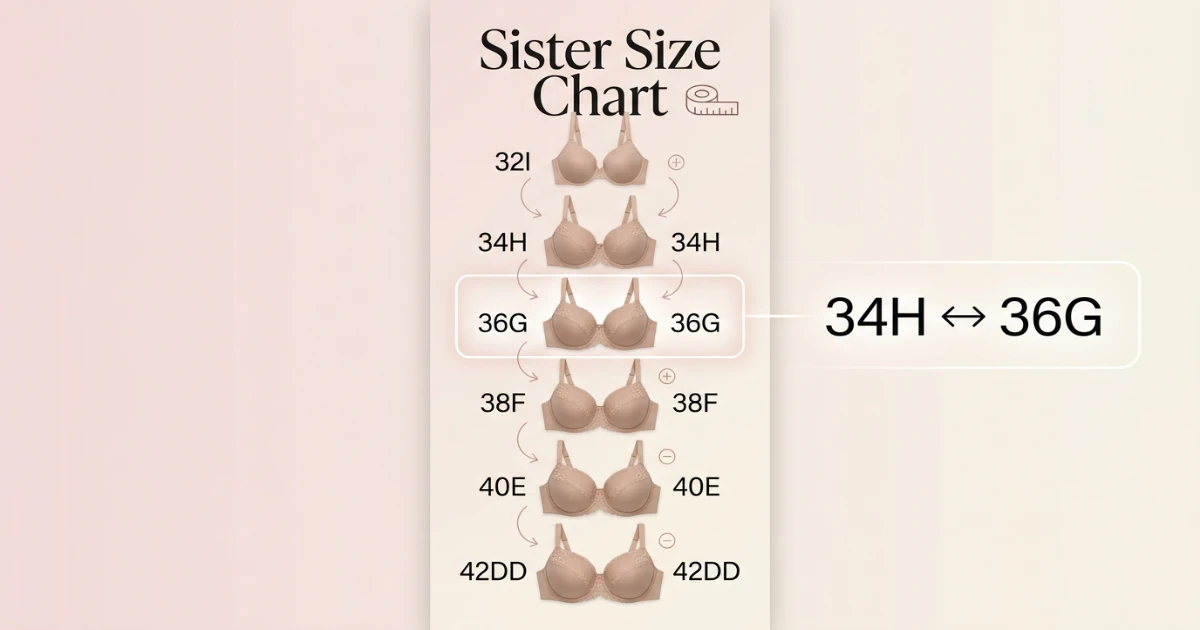 Sister size ladder diagram showing 32I, 34H, 36G, 38F, 40E, 42DD all holding equal cup volume — 34H and 36G confirmed as sister sizes
