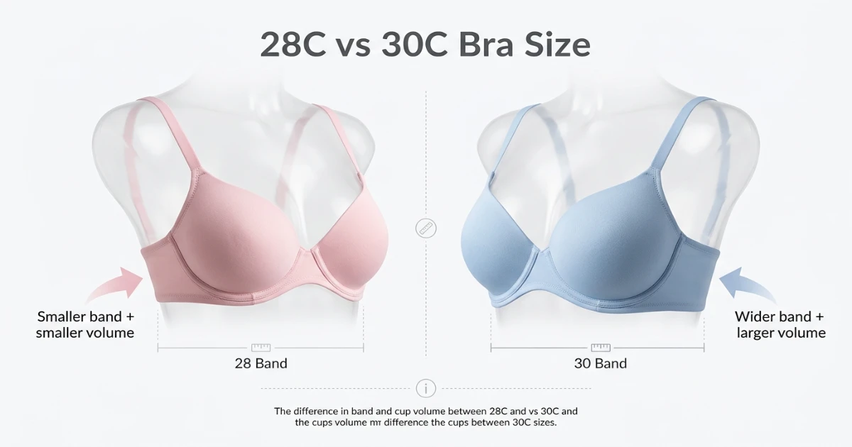 Side-by-side visual comparison of 28C and 30C bra sizes showing that 30C has a wider band and larger cup volume than 28C