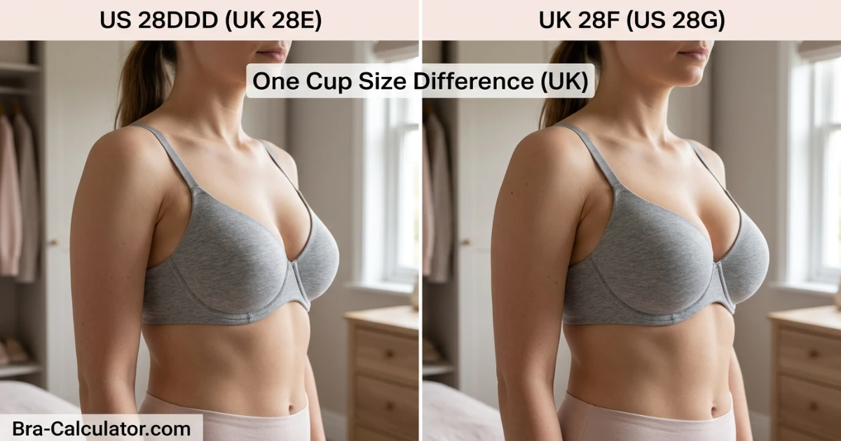 Diagram comparing US and UK cup letter naming conventions above DD — showing how US DDD equals UK E, and UK F equals US G, causing 28DDD vs 28F confusion across sizing systems