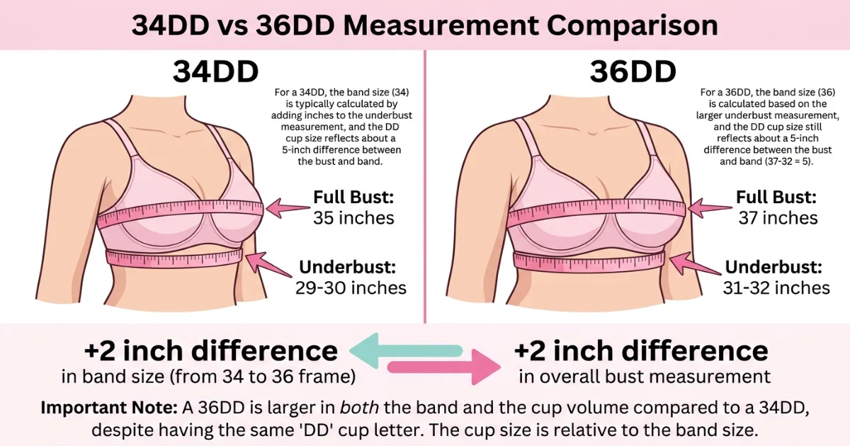 Side-by-side measurement comparison diagram for 34DD and 36DD bra sizes showing different underbust and bust measurements despite sharing the same DD cup letter