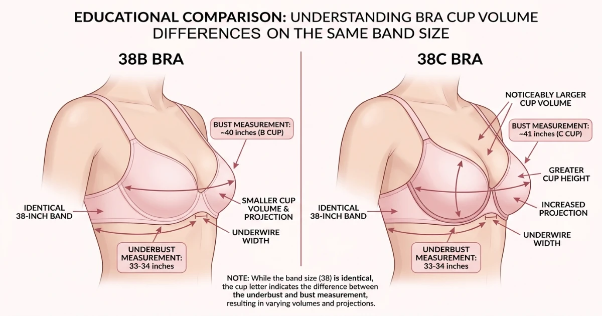 Side-by-side measurement diagram showing 38B and 38C bra sizes with different cup volumes on the same 38-inch band