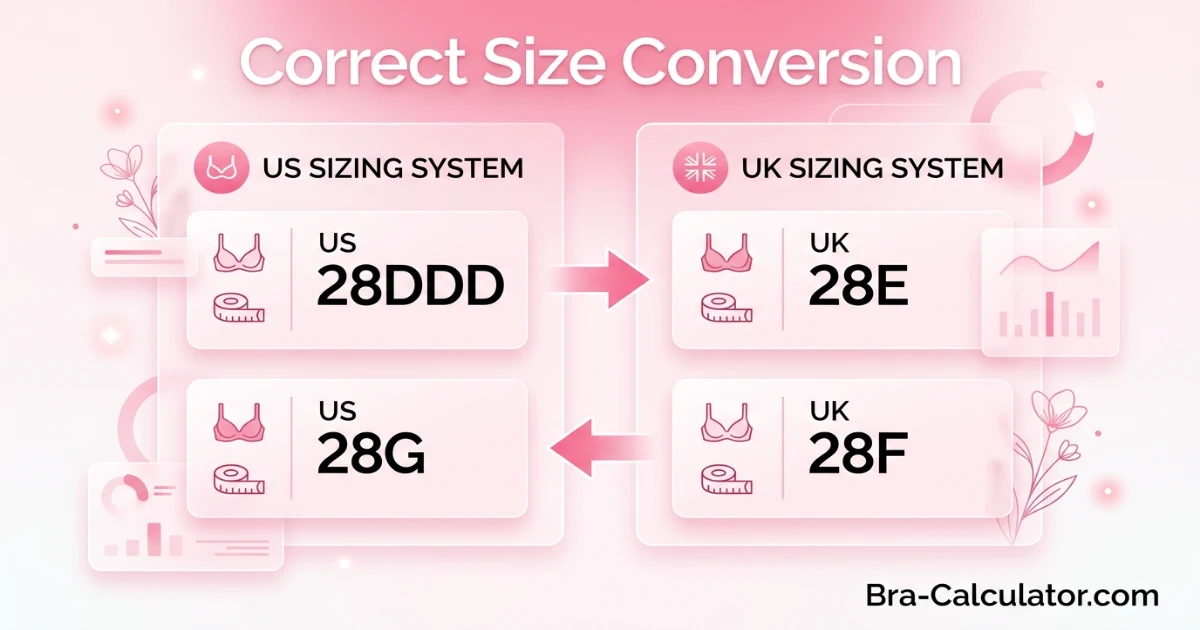 International bra size conversion chart for 28 band showing US 28DDD equals UK 28E, and UK 28F equals US 28G — clarifying the naming divergence for the 28 band DDD and F cup sizes