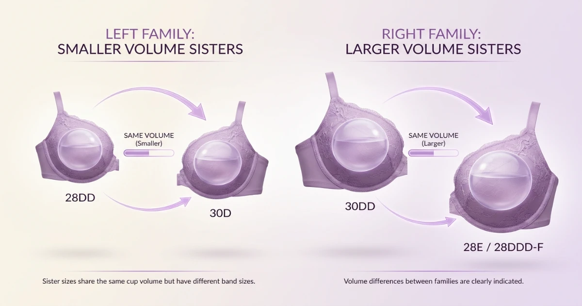 Sister size infographic showing 28DD to 30D and 30DD to 28E or 28DDD-F fit relationships