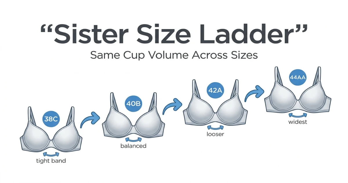 Sister size ladder showing the full family: 38C — 40B — 42A — 44AA