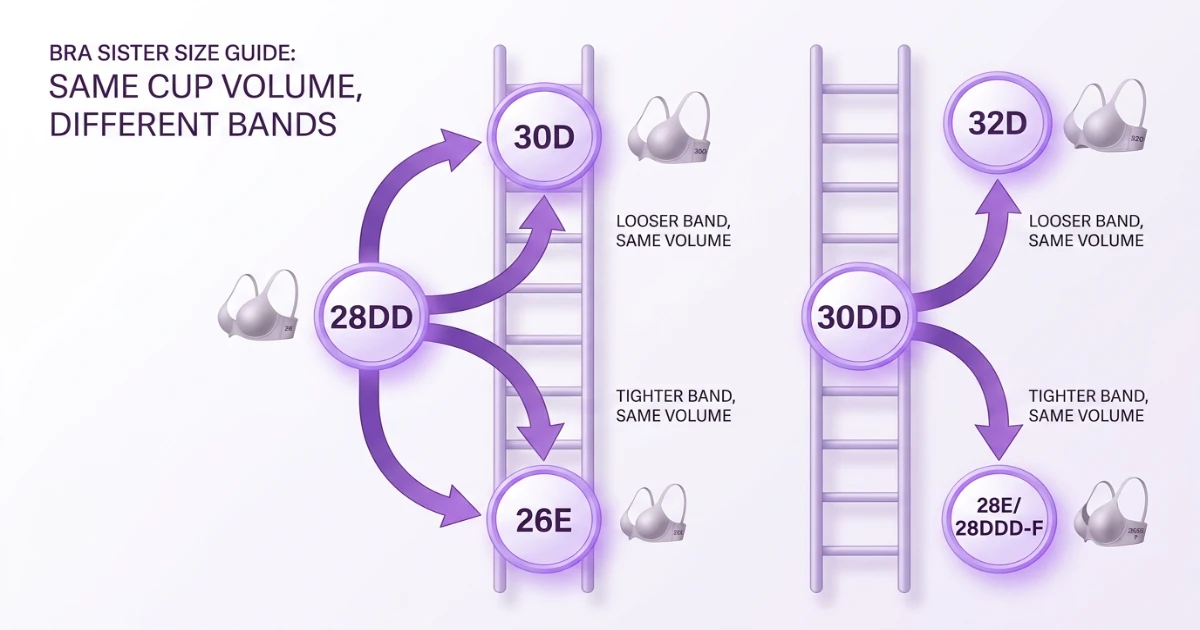 Bra size ladder showing 28DD aligns with 30D while 30DD aligns with 28E or 28DDD/F in sister sizing