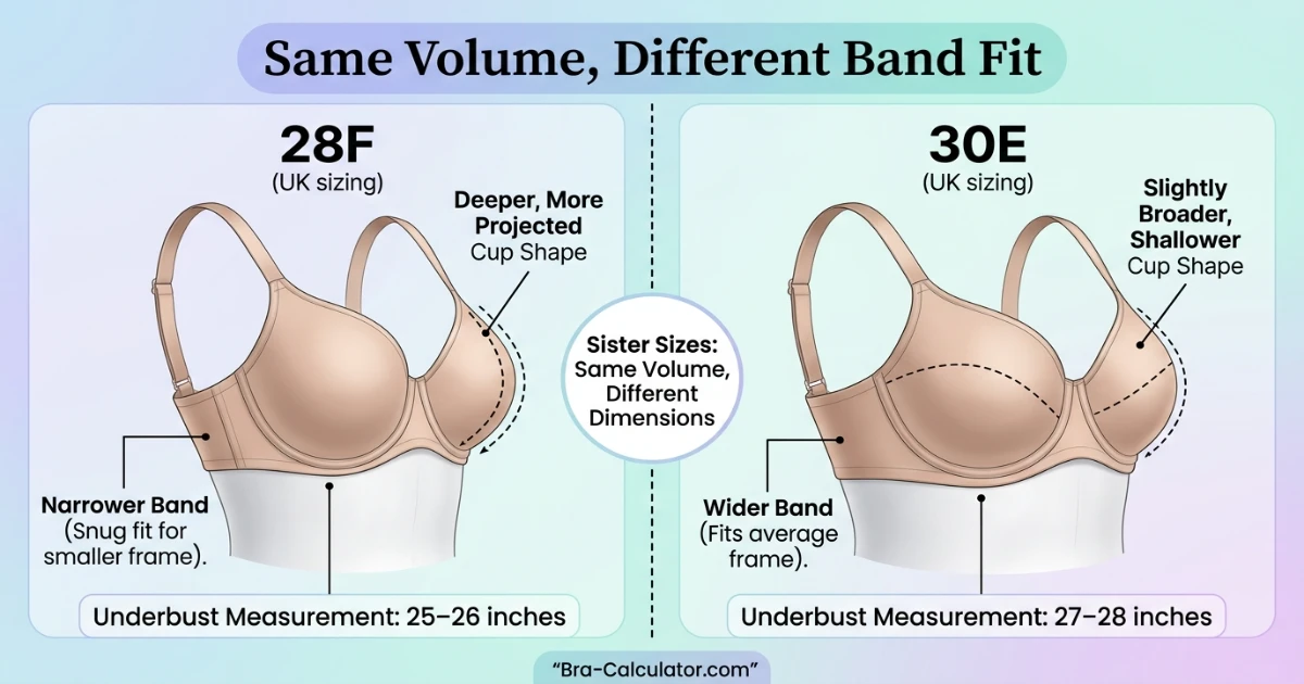Side-by-side measurement diagram showing 28F and 30E bra sizes confirming equal cup volume on different band widths — 28F with narrow 28-inch band and 30E with 30-inch band