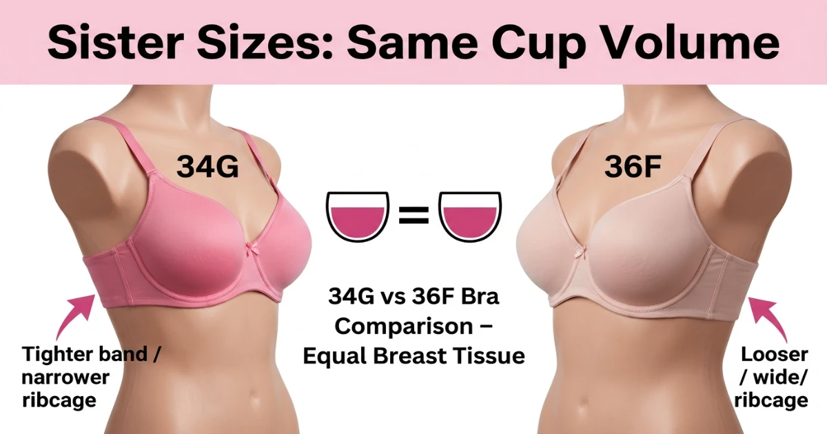 Side-by-side diagram of 34G and 36F bra sizes showing equal cup volume with different band widths — confirming they are sister sizes