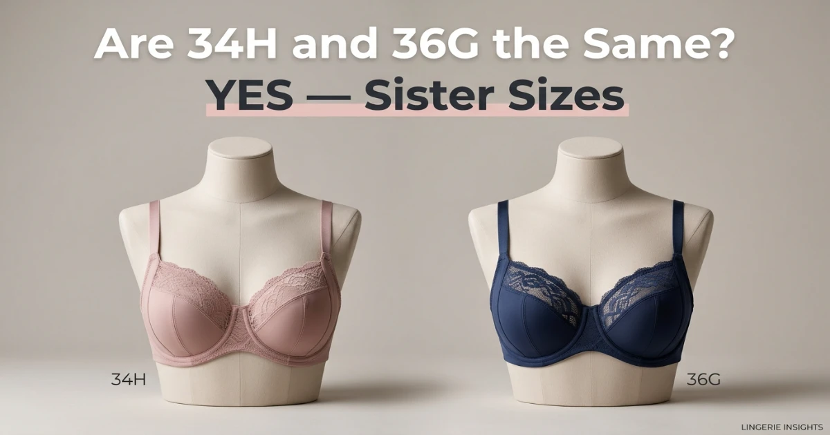Side-by-side diagram of 34H and 36G bra sizes showing equal cup volume with different band widths — confirming they are sister sizes