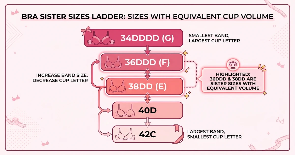 Sister size ladder infographic showing 34DDDD (34G), 36DDD (36F), 38DD (38E), 40D and 42C with equal cup volume indicated across all five sizes