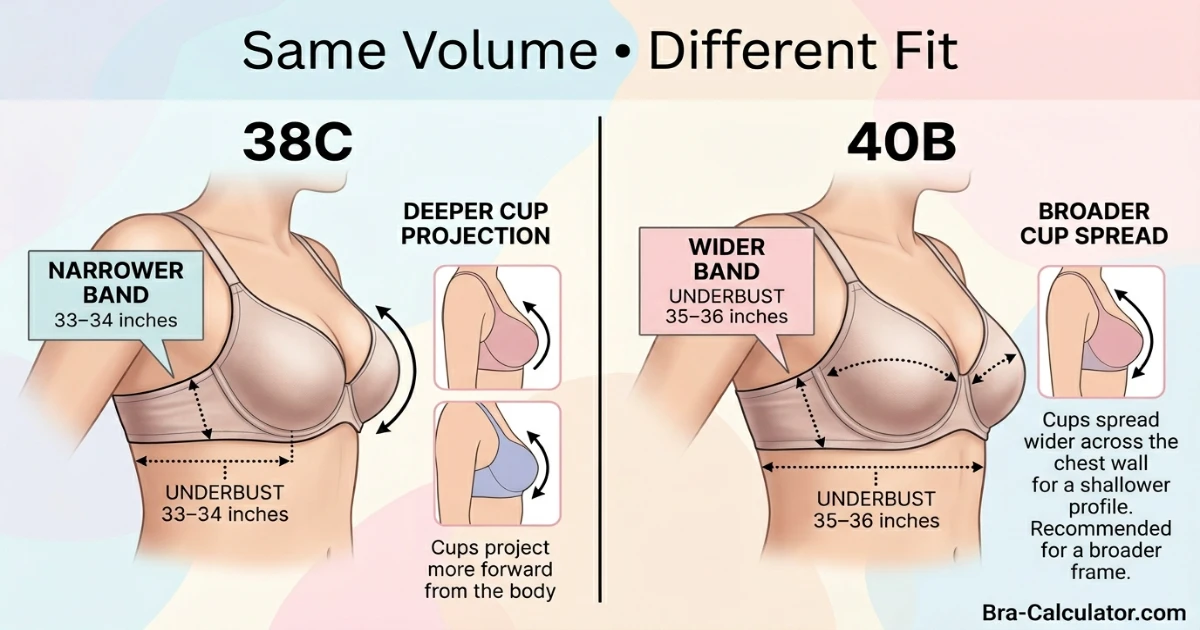 Side-by-side measurement comparison diagram for 38C and 40B bra sizes showing underbust and bust measurements with labels — confirming they are sister sizes with equal cup volume