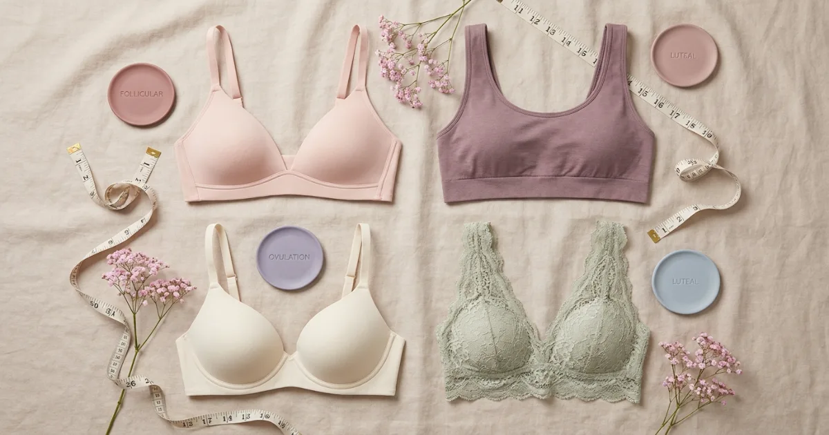 Flat lay of different bra styles including wireless and soft cup options for cycle-based comfort