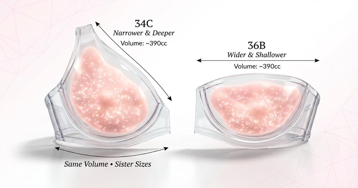 Cup volume diagram illustrating how 34C and 36B bra cups hold approximately equal breast tissue volume through different cup depth and width combinations