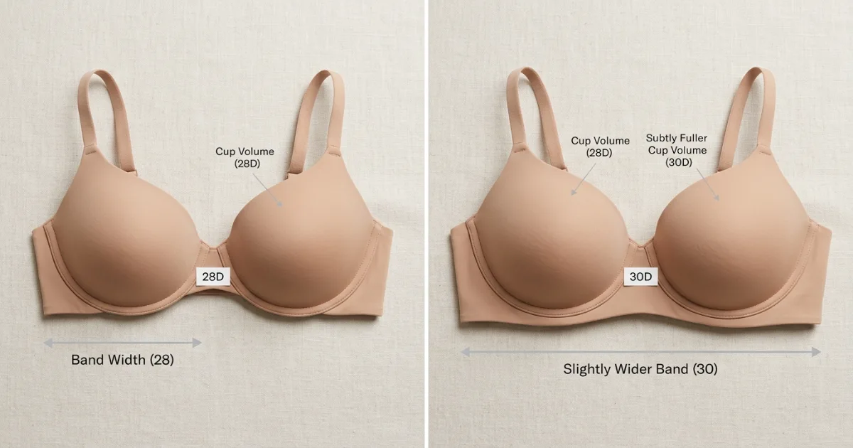 Side-by-side visual comparison of 28D and 30D bra sizes showing that 30D has a wider band and larger cup volume than 28D