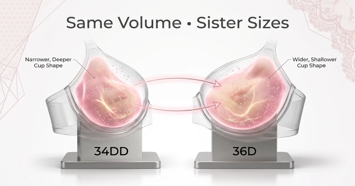 Cup volume diagram comparing 34DD and 36D bra cups showing how equal breast tissue volume is achieved through different combinations of cup depth and width