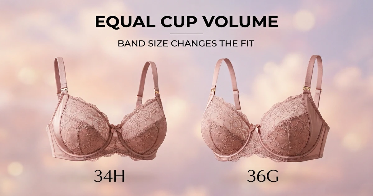 Cup volume diagram for 34H and 36G showing equal breast tissue capacity across different band widths — confirming sister size relationship