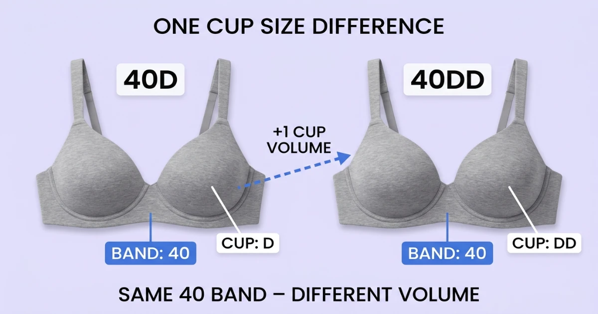 Side-by-side cup depth diagram for 40D and 40DD bra sizes on the same 40-inch band — illustrating the one-cup volume difference