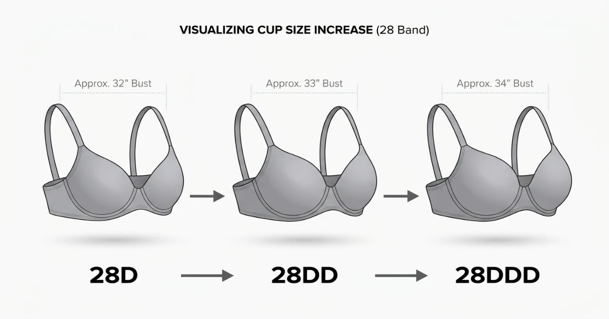 Side-by-side measurement diagram showing 28D and 28DDD bra sizes — two full cup sizes apart on the same narrow 28-inch band, with 28DD shown as the intermediate size