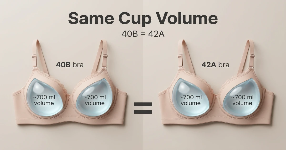 Sister size comparison diagram showing 40B and 42A share identical cup volume with different band widths