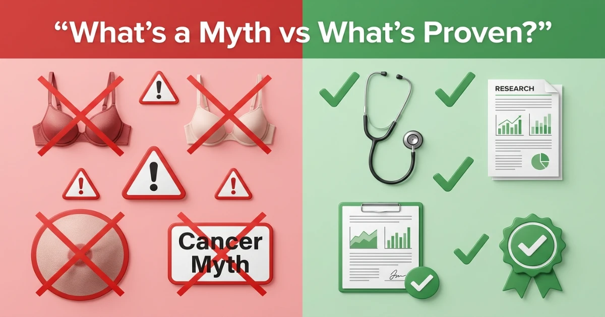 Split illustration showing myths about bras crossed out in red versus scientifically supported bra health facts in green — bras and breast cancer myth vs fact