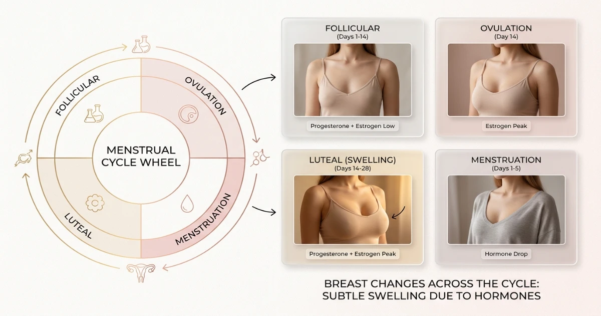Illustration showing the hormonal cycle and breast size changes across the menstrual cycle — progesterone and estrogen peaks during the luteal phase cause temporary breast swelling