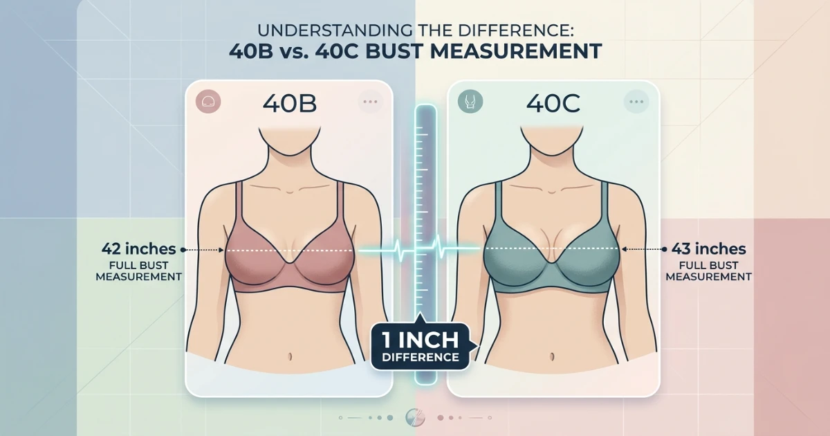Cross-section cup diagram comparing 40B and 40C depth on the same 40-inch band — showing the one-inch bust measurement difference
