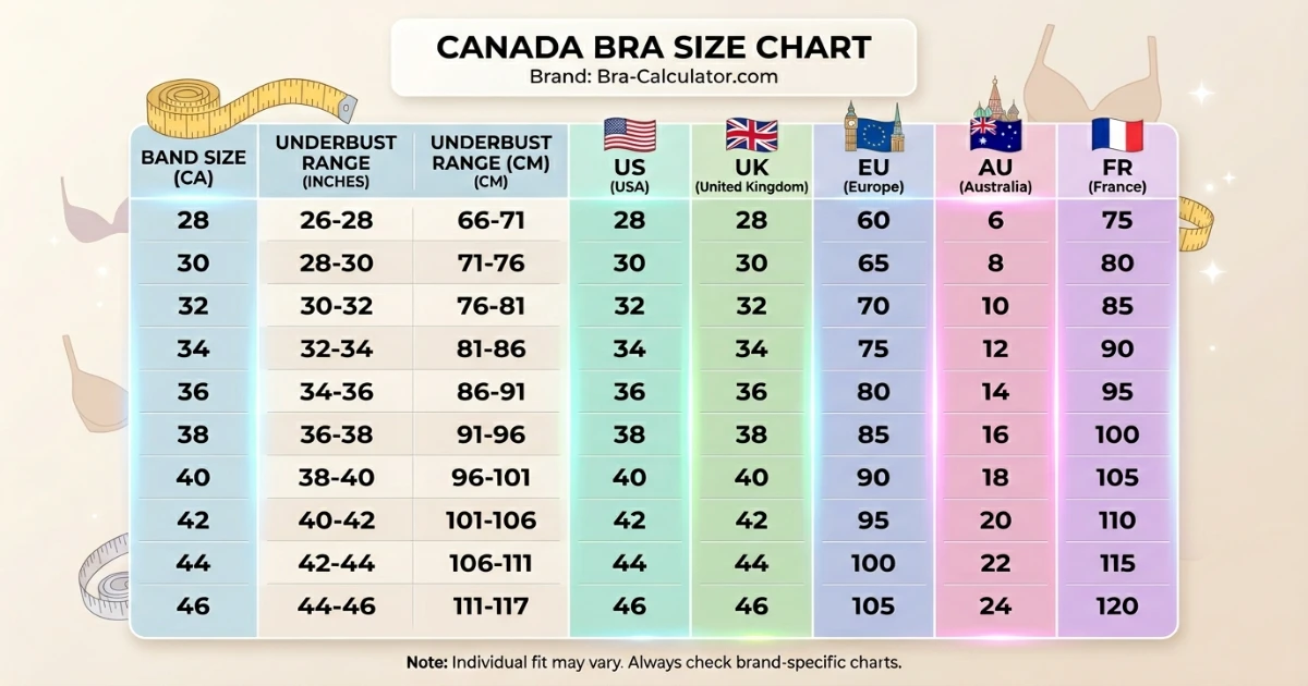 Canada bra size conversion chart comparing Canadian US UK and EU bra sizing systems in a visual table format