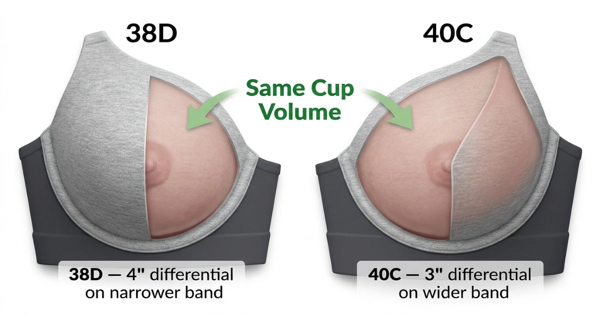Cup volume diagram for 38D and 40C showing equal breast tissue capacity across different band widths — confirming sister size relationship
