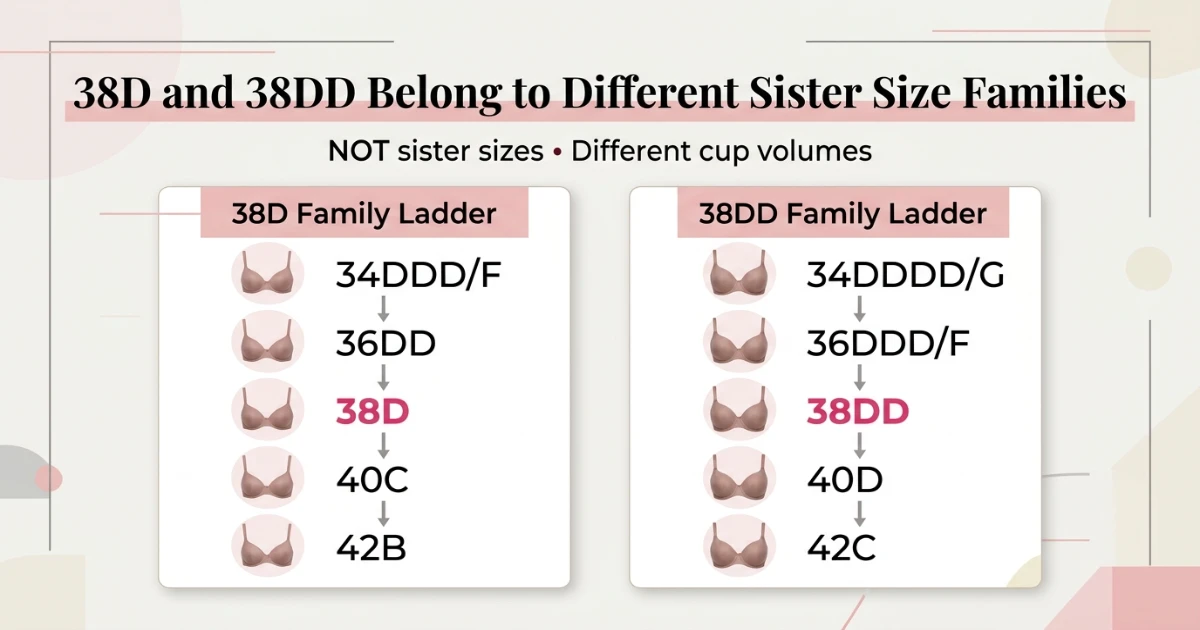 Two separate sister size family ladders — 38D family (34DDD, 36DD, 38D, 40C, 42B) and 38DD family (34DDDD, 36DDD, 38DD, 40D, 42C) confirming they belong to different volume groups