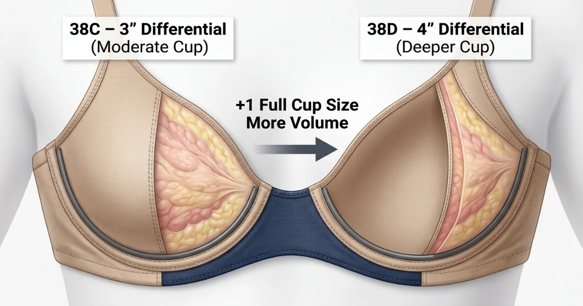 Cross-section cup diagram showing 38C shallower cup versus 38D deeper cup on the same 38-inch band — illustrating one full cup size difference in depth and volume