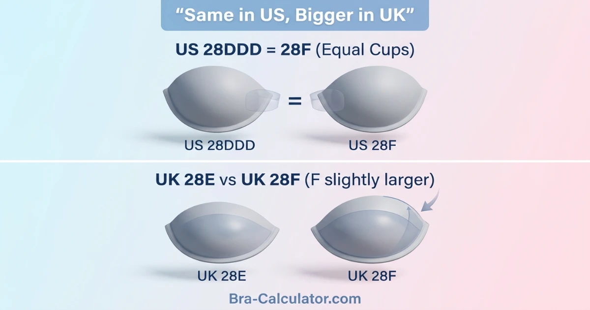 Cup volume comparison showing US 28DDD equals US 28F (same cup) but UK 28F is one cup larger — equal to US 28G — illustrating the international naming divergence