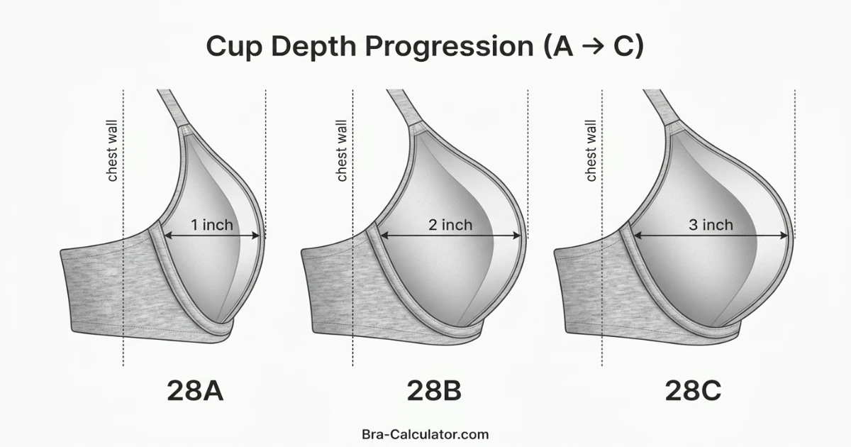 Cross-section cup diagram showing 28A very shallow cup, 28B moderate cup, and 28C deeper cup — all on the same 28-inch narrow band, illustrating the two-cup volume progression