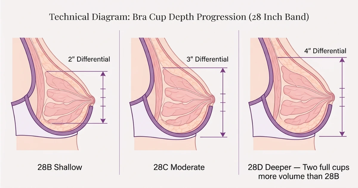Cross-section cup diagram showing 28B shallow cup, 28C moderate cup, and 28D deeper cup — all on the same 28-inch narrow band, illustrating the two-cup volume progression