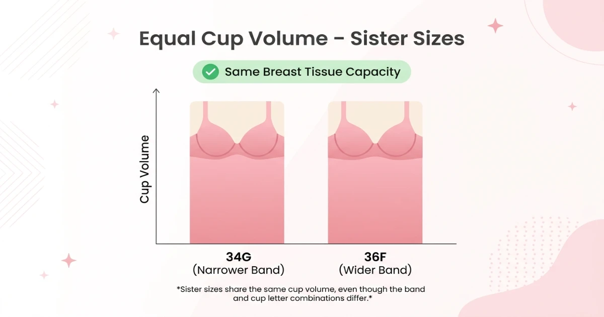 Cup volume diagram for 34G and 36F showing equal breast tissue capacity across different band widths — confirming sister size relationship