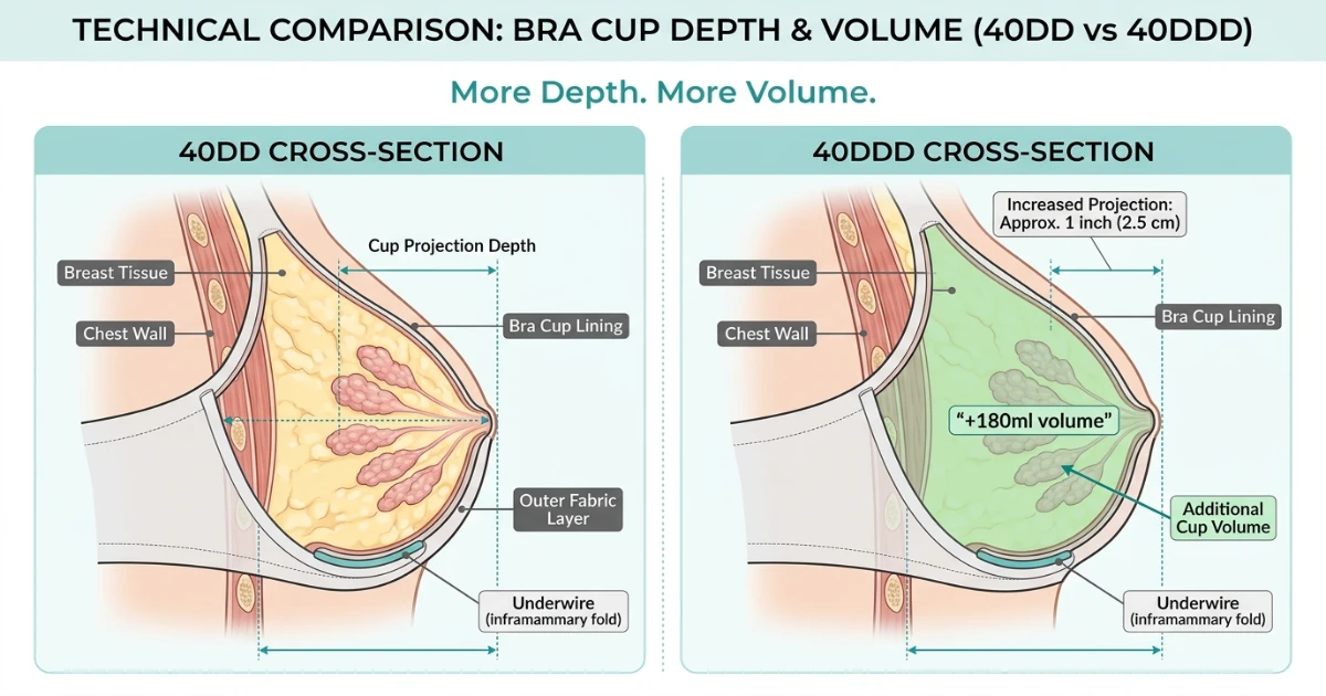 Cross-section cup diagram comparing 40DD and 40DDD depth on the same 40-inch band — showing the one-inch bust measurement difference and structural differences