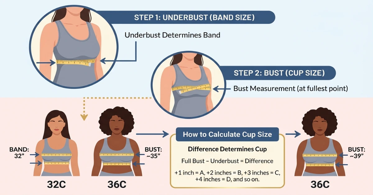 Bra measurement guide showing how to measure underbust and bust circumference